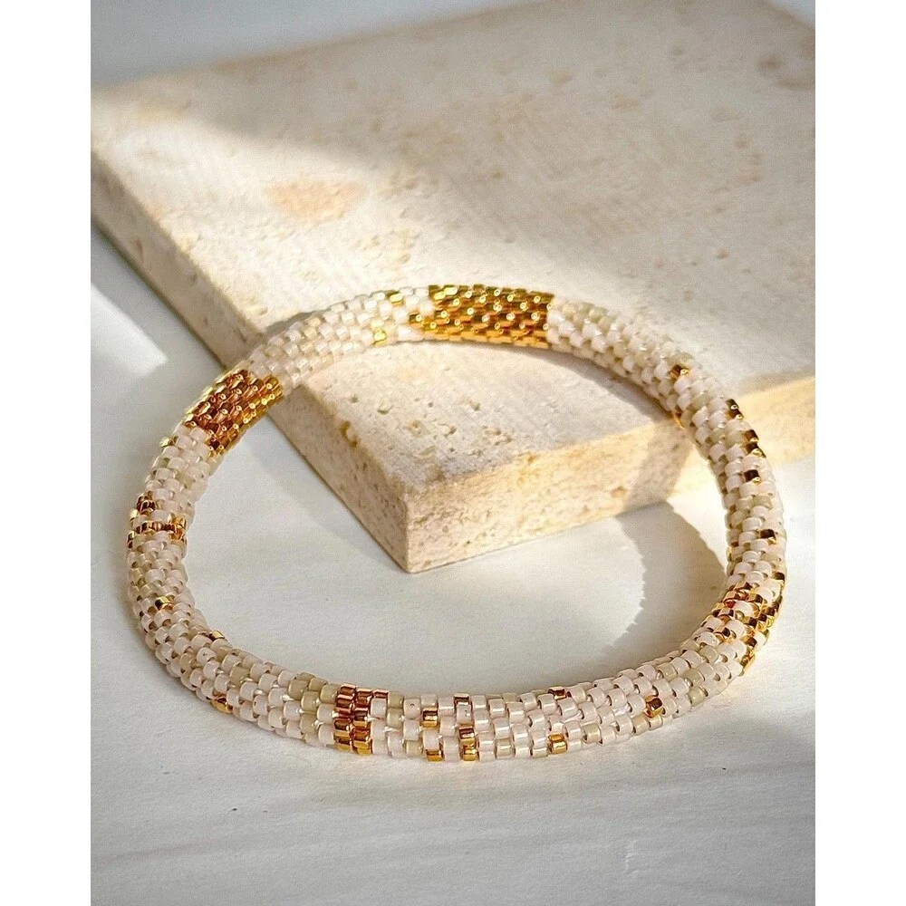 Handmade Miyuki Delica Bead Bracelet White 24k Gold Crochet Rope Artisan Gift